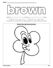 Free St. Patrick's Day four leaf clover color brown coloring page and color worksheet, brown worksheet for preschoolers to learn colors, printable PDF