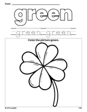 Free St. Patrick's Day four leaf clover color green coloring page and color worksheet, green worksheet for preschoolers to learn colors, printable PDF