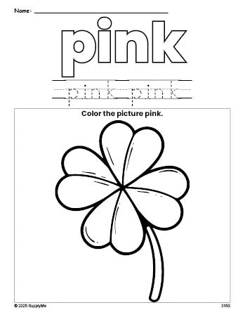 Free St. Patrick's Day four leaf clover color pink coloring page and color worksheet, pink worksheet for preschoolers to learn colors, printable PDF