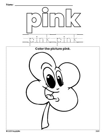 Free St. Patrick's Day four leaf clover color pink coloring page and color worksheet, pink worksheet for preschoolers to learn colors, printable PDF