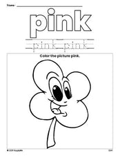 Free St. Patrick's Day four leaf clover color pink coloring page and color worksheet, pink worksheet for preschoolers to learn colors, printable PDF