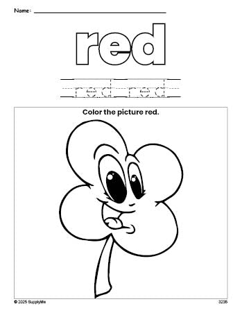 Free St. Patrick's Day four leaf clover color red coloring page and color worksheet, red worksheet for preschoolers to learn colors, printable PDF