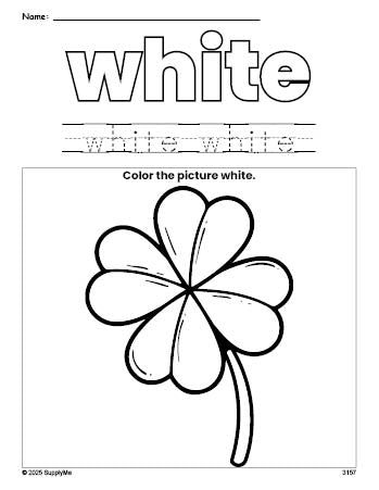 Free St. Patrick's Day four leaf clover color white coloring page and color worksheet, white worksheet for preschoolers to learn colors, printable PDF