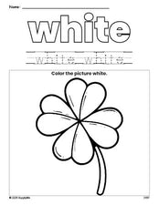 Free St. Patrick's Day four leaf clover color white coloring page and color worksheet, white worksheet for preschoolers to learn colors, printable PDF