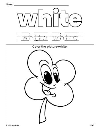 Free St. Patrick's Day four leaf clover color white coloring page and color worksheet, white worksheet for preschoolers to learn colors, printable PDF