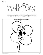 Free St. Patrick's Day four leaf clover color white coloring page and color worksheet, white worksheet for preschoolers to learn colors, printable PDF