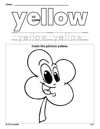 Free St. Patrick's Day four leaf clover color yellow coloring page and color worksheet, yellow worksheet for preschoolers to learn colors, printable PDF