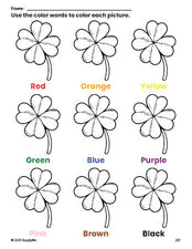 Free St. Patrick's Day four leaf clover coloring page and color worksheet for preschoolers to learn colors, printable PDF