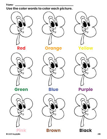 Free St. Patrick's Day four leaf clover coloring page and color worksheet for preschoolers to learn colors, printable PDF