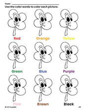 Free St. Patrick's Day four leaf clover coloring page and color worksheet for preschoolers to learn colors, printable PDF