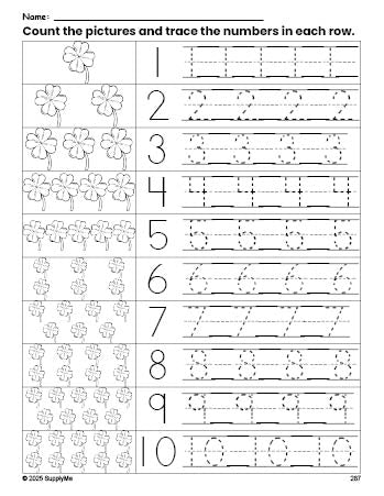 Free printable St. Patrick's Day four leaf clover counting worksheet for preschool and pre-k with number tracing practice 1-10, PDF