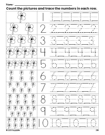 Free printable St. Patrick's Day four leaf clover counting worksheet for preschool and pre-k with number tracing practice 1-10, PDF