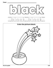 Free St. Patrick's Day gold color black coloring page and color worksheet, black worksheet for preschoolers to learn colors, printable PDF