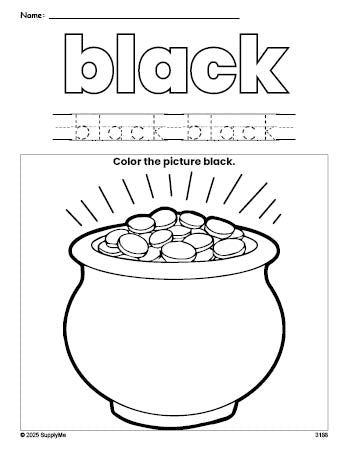 Free St. Patrick's Day gold color black coloring page and color worksheet, black worksheet for preschoolers to learn colors, printable PDF