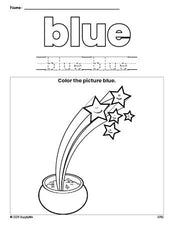 Free St. Patrick's Day gold color blue coloring page and color worksheet, blue worksheet for preschoolers to learn colors, printable PDF