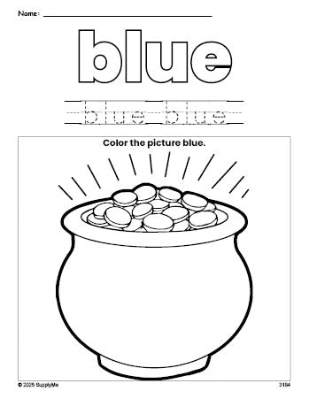 Free St. Patrick's Day gold color blue coloring page and color worksheet, blue worksheet for preschoolers to learn colors, printable PDF