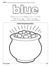 Free St. Patrick's Day gold color blue coloring page and color worksheet, blue worksheet for preschoolers to learn colors, printable PDF