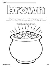 Free St. Patrick's Day gold color brown coloring page and color worksheet, brown worksheet for preschoolers to learn colors, printable PDF