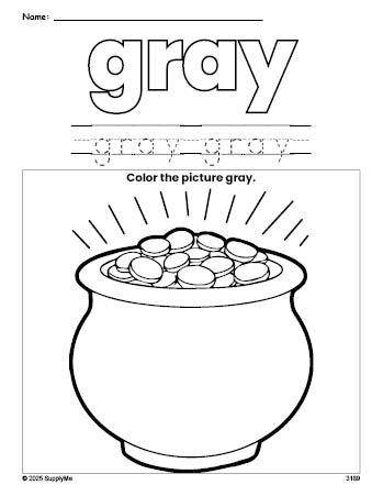 Free St. Patrick's Day gold color gray coloring page and color worksheet, gray worksheet for preschoolers to learn colors, printable PDF