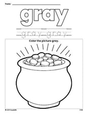 Free St. Patrick's Day gold color gray coloring page and color worksheet, gray worksheet for preschoolers to learn colors, printable PDF