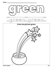 Free St. Patrick's Day gold color green coloring page and color worksheet, green worksheet for preschoolers to learn colors, printable PDF