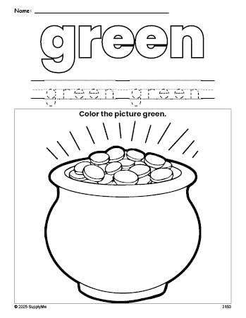 Free St. Patrick's Day gold color green coloring page and color worksheet, green worksheet for preschoolers to learn colors, printable PDF