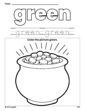 Free St. Patrick's Day gold color green coloring page and color worksheet, green worksheet for preschoolers to learn colors, printable PDF