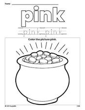 Free St. Patrick's Day gold color pink coloring page and color worksheet, pink worksheet for preschoolers to learn colors, printable PDF