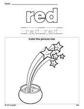 Free St. Patrick's Day gold color red coloring page and color worksheet, red worksheet for preschoolers to learn colors, printable PDF