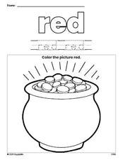 Free St. Patrick's Day gold color red coloring page and color worksheet, red worksheet for preschoolers to learn colors, printable PDF