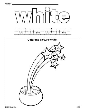 Free St. Patrick's Day gold color white coloring page and color worksheet, white worksheet for preschoolers to learn colors, printable PDF