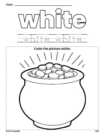 Free St. Patrick's Day gold color white coloring page and color worksheet, white worksheet for preschoolers to learn colors, printable PDF