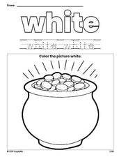 Free St. Patrick's Day gold color white coloring page and color worksheet, white worksheet for preschoolers to learn colors, printable PDF