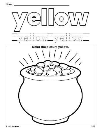 Free St. Patrick's Day gold color yellow coloring page and color worksheet, yellow worksheet for preschoolers to learn colors, printable PDF