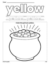 Free St. Patrick's Day gold color yellow coloring page and color worksheet, yellow worksheet for preschoolers to learn colors, printable PDF