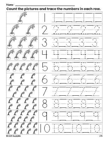 Free printable St. Patrick's Day gold counting worksheet for preschool and pre-k with number tracing practice 1-10, PDF