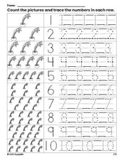 Free printable St. Patrick's Day gold counting worksheet for preschool and pre-k with number tracing practice 1-10, PDF