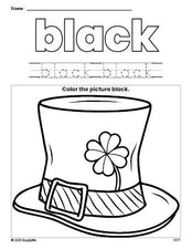 Free St. Patrick's Day hat color black coloring page and color worksheet, black worksheet for preschoolers to learn colors, printable PDF