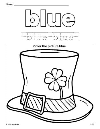 Free St. Patrick's Day hat color blue coloring page and color worksheet, blue worksheet for preschoolers to learn colors, printable PDF