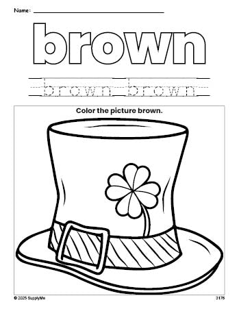 Free St. Patrick's Day hat color brown coloring page and color worksheet, brown worksheet for preschoolers to learn colors, printable PDF