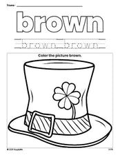 Free St. Patrick's Day hat color brown coloring page and color worksheet, brown worksheet for preschoolers to learn colors, printable PDF