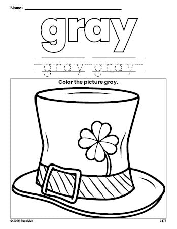 Free St. Patrick's Day hat color gray coloring page and color worksheet, gray worksheet for preschoolers to learn colors, printable PDF