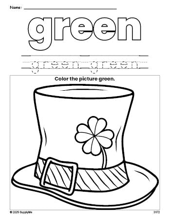 Free St. Patrick's Day hat color green coloring page and color worksheet, green worksheet for preschoolers to learn colors, printable PDF