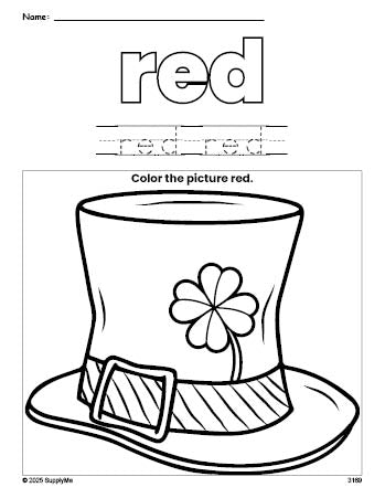 Free St. Patrick's Day hat color red coloring page and color worksheet, red worksheet for preschoolers to learn colors, printable PDF