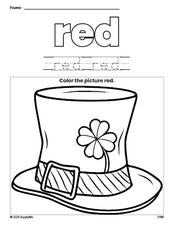 Free St. Patrick's Day hat color red coloring page and color worksheet, red worksheet for preschoolers to learn colors, printable PDF