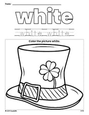 Free St. Patrick's Day hat color white coloring page and color worksheet, white worksheet for preschoolers to learn colors, printable PDF