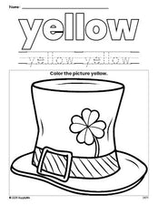 Free St. Patrick's Day hat color yellow coloring page and color worksheet, yellow worksheet for preschoolers to learn colors, printable PDF