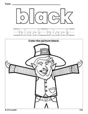 Free St. Patrick's Day leprechaun color black coloring page and color worksheet, black worksheet for preschoolers to learn colors, printable PDF