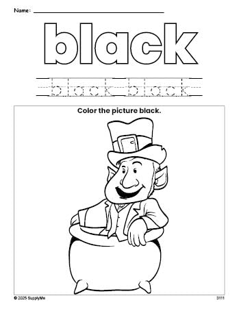 Free St. Patrick's Day leprechaun color black coloring page and color worksheet, black worksheet for preschoolers to learn colors, printable PDF