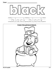 Free St. Patrick's Day leprechaun color black coloring page and color worksheet, black worksheet for preschoolers to learn colors, printable PDF